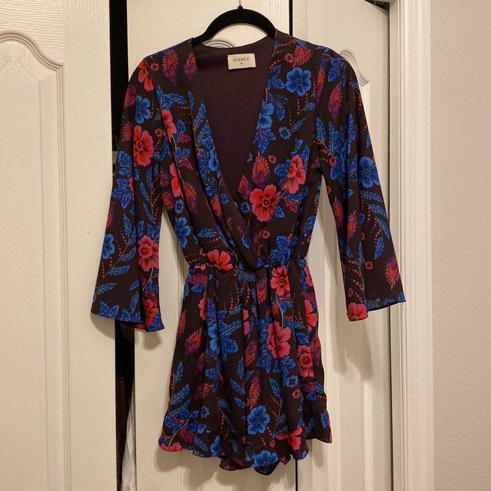 Floral Romper Maroon with Blue Flowers